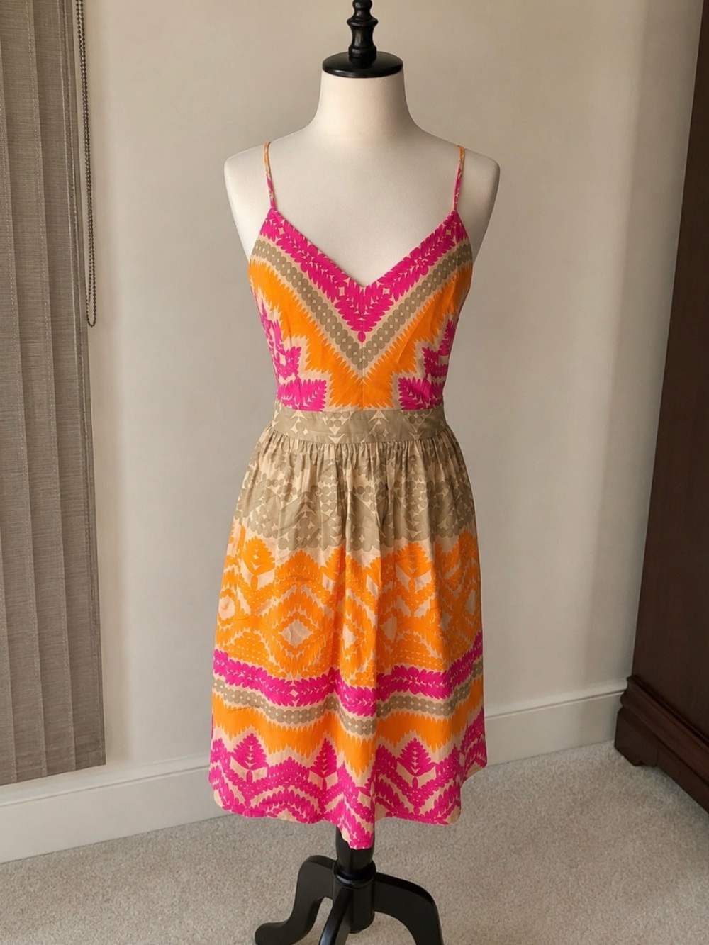 Trina Turk Pink, Orange & Tan Spaghetti Strap Midi Dress